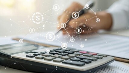 Income Tax Overview Concept. Business person calculating finances with digital currency graphics overlay.