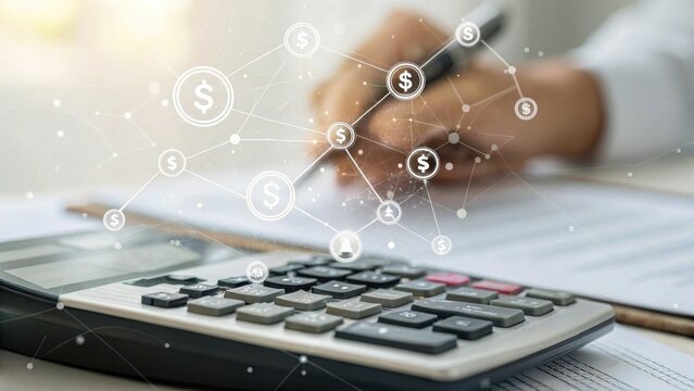 Income Tax Overview Concept. Business person calculating finances with digital currency graphics overlay.