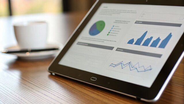 Income Tax Overview Concept. A tablet displaying data analytics next to a cup of coffee on a wooden table.