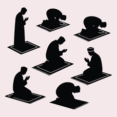 Islamic Prayer Sequence Silhouette  Salah Postures with Arrows on Mat for Spiritual Guidance