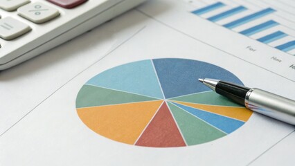 Income Tax Overview Concept. Business analysis graphic featuring a pie chart, pen, and calculator on a document.