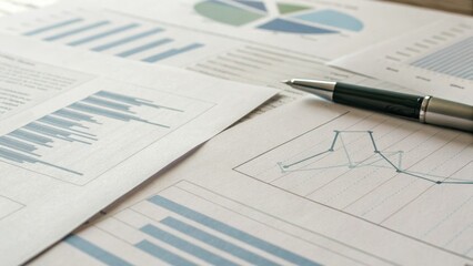 Income Tax Overview Concept. Business documents with graphs and charts alongside a pen on a table.