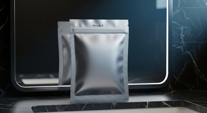 Elegant product packaging mockup featuring two blank silver foil doypack pouches on a dark marble countertop with mirror reflection