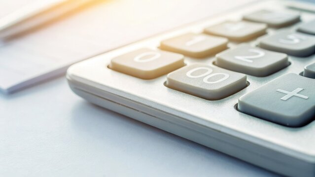 Income Tax Overview Concept. Close-up of a calculator displaying numbers, symbolizing finance and calculations in a bright environment.