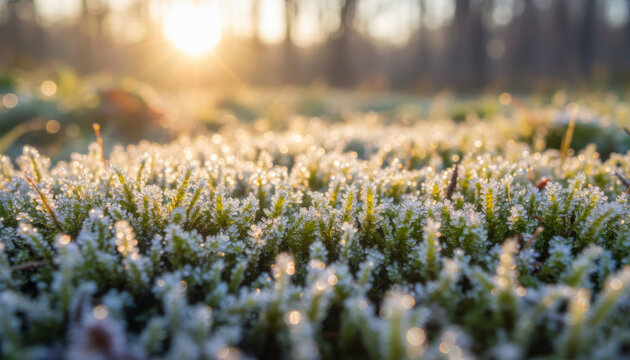 Sparkling frost on green grass with golden sunrise light and bokeh. Perfect for nature backgrounds, seasonal content, weather websites, meditation apps, environmental blogs, and calendar photography