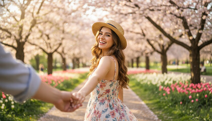 Joyful woman in straw hat and floral dress holding hand in spring park with cherry blossoms and tulips. Perfect for romantic travel content, spring fashion campaigns, lifestyle blogs, and seasonal