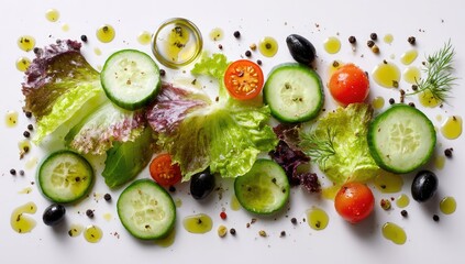 Fresh salad ingredients artistically arranged. Sliced cucumbers, cherry tomatoes, lettuce leaves, olives, herbs, and spices scattered, drizzled with oil
