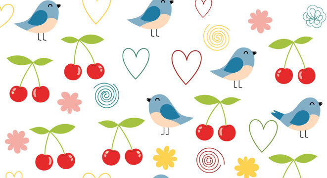 A charming and whimsical seamless pattern featuring cute blue birds and vibrant cherries, interspersed with delicate floral and heart motifs perfect for children's designs. - Powered by Adobe