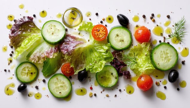 Fresh salad ingredients artistically arranged. Sliced cucumbers, cherry tomatoes, lettuce leaves, olives, herbs, and spices scattered, drizzled with oil