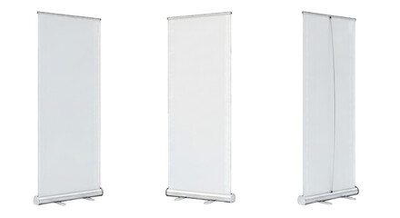 Three blank roll up banner stands isolated on a transparent background