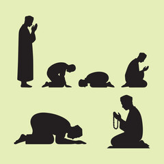 Islamic Prayer Silhouette Set – Salah and Tasbih Postures Depicting Spiritual Devotion and Worship