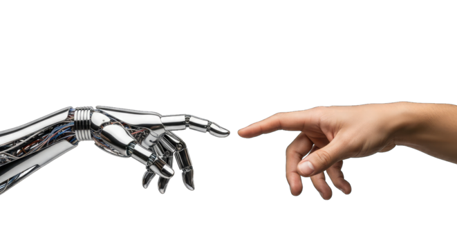 Robot hand and human finger touching isolated on a transparent background