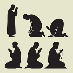 Islamic Prayer Silhouette Set – Salah and Supplication Postures with Tasbih on White Background
