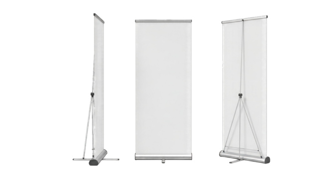 Three white roll up banner stands isolated on a transparent background