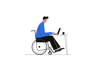 Fototapeta premium A man in a wheelchair is sitting at a desk and typing on a laptop