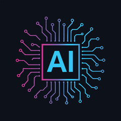 AI Microchip Illustration – Pink and Blue Circuit Design Representing Artificial Intelligence Technology