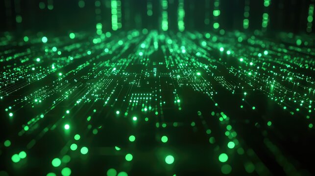Green glowing digital circuit board data transferring