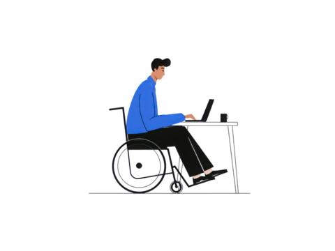 A man in a wheelchair is sitting at a desk and typing on a laptop - Powered by Adobe