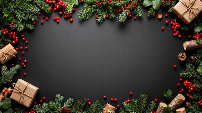 Festive Christmas background with evergreen branches, red berries, and wrapped gifts.