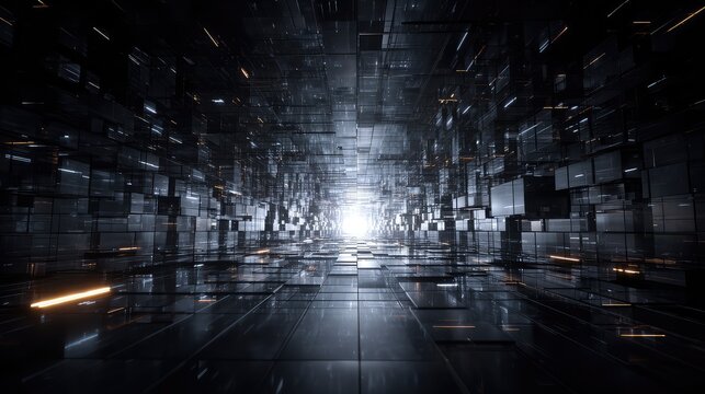 Futuristic digital tunnel with glowing light data blocks