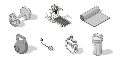 Fitness equipment set isometric view isolated monochrome illustration