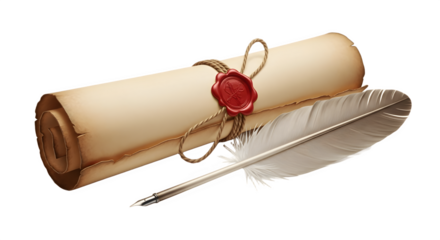 Old Scroll Tied With String and Wax Seal Beside Quill Pen.
