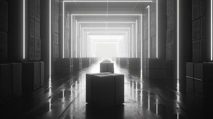 Future warehouse sending boxes through infinite tunnel light