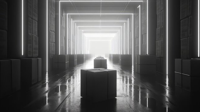 Future warehouse sending boxes through infinite tunnel light