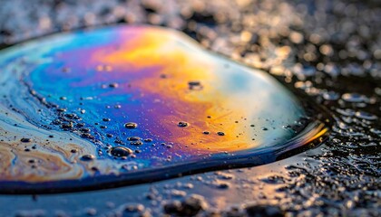 Naklejka premium Mesmerizing iridescent oil slick on wet asphalt reflects vibrant sunset colors creating a stunning abstract pattern with tiny bubbles