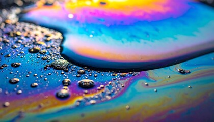 Fototapeta premium Iridescent oil slick on water surface with vibrant rainbow colors and shimmering bubbles creating a mesmerizing abstract pattern