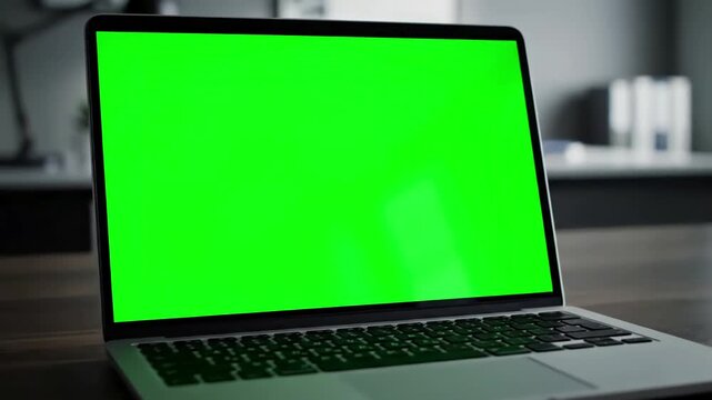 Green Screen 4k a laptop computer with key set on work office table dolly in scene 3 distortion, overlay, glitch, static noise, scan lines black background, animated video loop