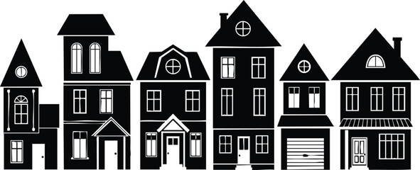 Fototapeta premium Row of black silhouette houses with various roof styles and windows vector illustration for urban architecture and real estate design 