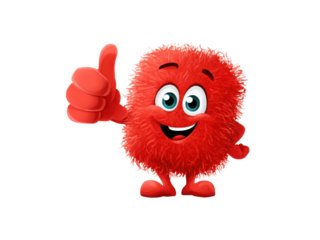 A red stuffed animal with a thumbs up gesture