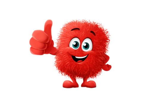 A red stuffed animal with a thumbs up gesture