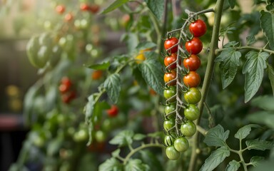 Fresh Cherry Tomatoes Growing on Garden Vine in Sunlight
