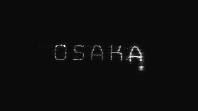 Osaka city name text animation in retro style grey color with fire and electricity effects and halftone texture