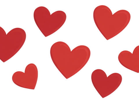 A row of red hearts are scattered across a white background