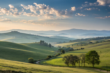 Obraz premium Serene Mountain Landscape with Green Meadow and Cloudy Sky 
