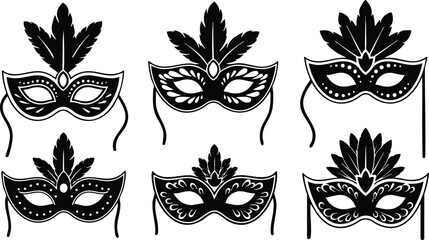 Set of black masquerade masks with ornamental leaf designs for costume parties and festive events vector illustration 