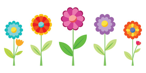 colorful spring flowers vector illustration with green leaves and stems flat design