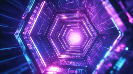 Abstract futuristic glowing hexagonal tunnel moving towards light