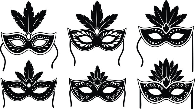Set of black masquerade masks with ornamental leaf designs for costume parties and festive events vector illustration 
