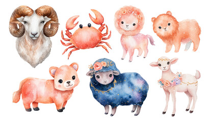 Watercolor Collection of Isolated Cute Animals and Crab with Transparent Background