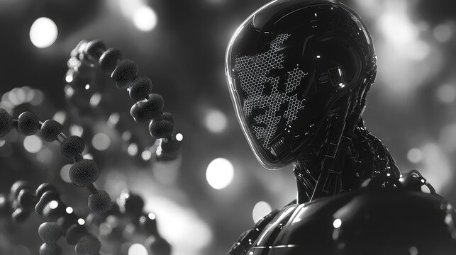 Robot android interacting dna helix, artificial intelligence future