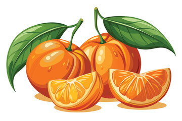 Two vibrant oranges with leaves are displayed alongside fresh, juicy orange segments beautifully