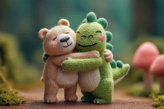 Un oso de peluche y un dinosaurio de lana se abrazan en un entorno boscoso, transmitiendo calidez y amistad.