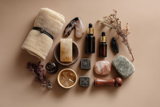 Composici&oacute;n art&iacute;stica de elementos naturales y de cuidado personal sobre un fondo beige.