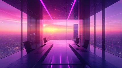 Futuristic corporate meeting room overlooking cyberpunk cityscape at sunset