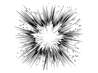 A black and white image of a bright explosion with a white background