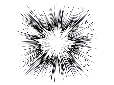 A black and white image of a bright explosion with a white background